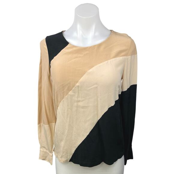 Diana Von Furstenberg Cream Black 100% Silk Colorblock Long Sleeve Blouse Top 2 - Picture 1 of 6